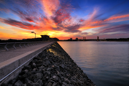 sunset over Putrajaya damの写真素材
