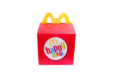 KUALA LUMPUR, MALAYSIA - APRIL 22, 2014: McDonalds Happy Meal box for kids on white background. McDonalds is the worlds biggest fast food chain.のeditorial素材