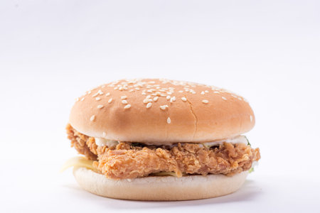 Crispy chicken burger with lettuce, cheese, and mayonnaiseの写真素材