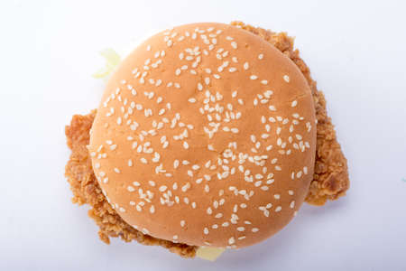 Crispy chicken burger with lettuce, cheese, and mayonnaiseの写真素材