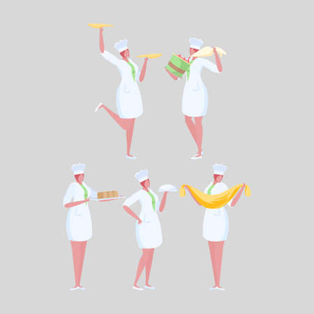Set of activities woman chef in uniform. Professional restaurant worker.のイラスト素材
