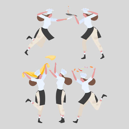 Set of activities woman chef in uniform. Professional restaurant worker.  Dのイラスト素材