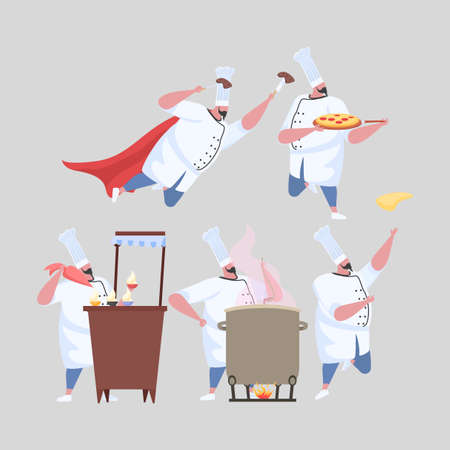 Set of activities man chef in uniform. Professional restaurant worker.のイラスト素材