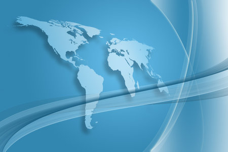 A blue world map with shadows and abstract shapes and curves (clear edges, no motion blur)の写真素材