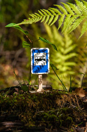 miniature bus stop road sign into the shadow on the forestの写真素材
