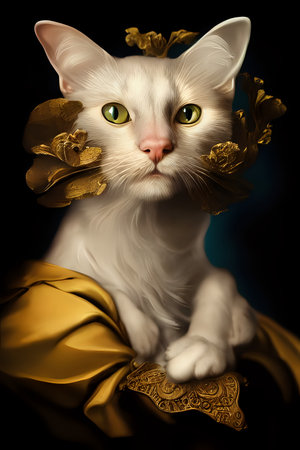 Beautiful white cat with a golden wreath on his head.の写真素材