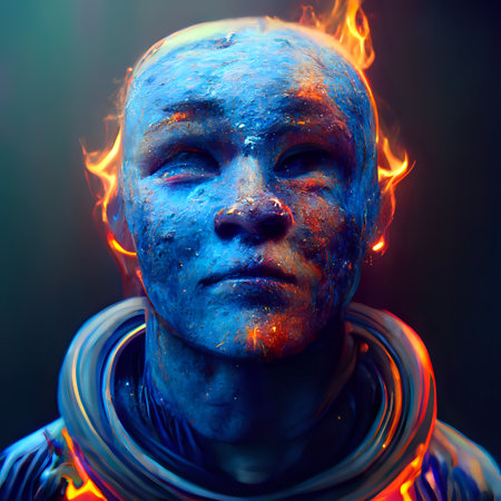 3d illustration of a man with a painted face and a flameの写真素材