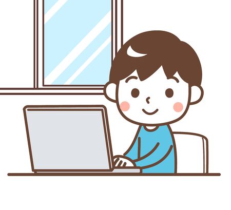 boy using laptop in the roomのイラスト素材