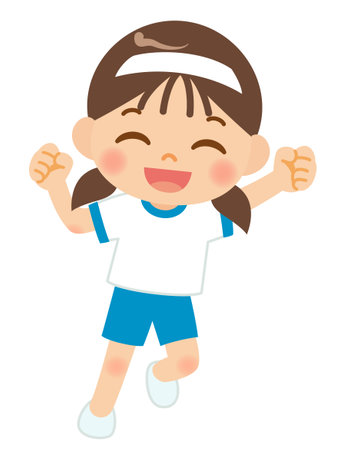 A girl jumping in gym clothes with a white headbandのイラスト素材