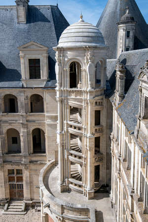 Inner face of Chambord Castle with detail of one of the outer stairsのeditorial素材