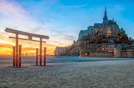 Sunset on Mount Saint Michel with a Japanese templeのeditorial素材