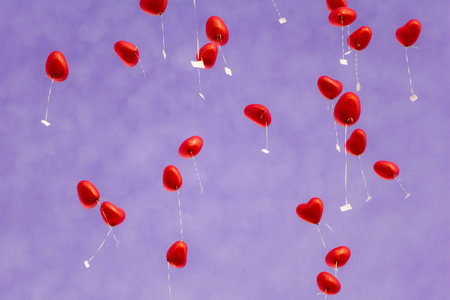 Group of beautiful heart ballons in front of a wonderful purple sky – symbol of love  Perfect for...