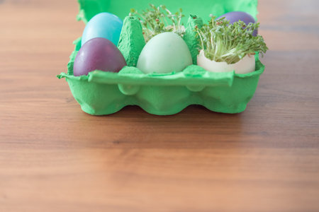 Decorative handmade easter egg present box with eggs and cress. Beautiful decoration easternest...