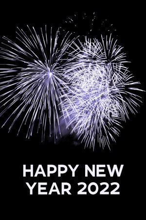 Happy new year 2022 purple fireworks stars new years eve. Luxury firework event sky show turn of the...