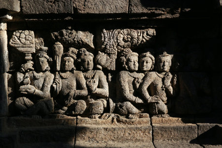 Relief Borobudur temple, wall texture of Borobudur temple Indonesia.の写真素材