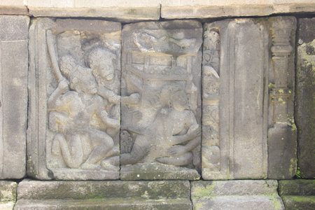 Relief Borobudur temple, wall texture of Borobudur temple Indonesia.の写真素材