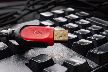 detail of red USB cable connector for computer holding on black keyboard backgroundの写真素材