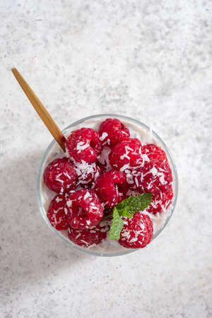Chia pudding with coconut milk and raspberryの写真素材
