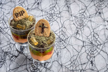 Halloween trifle graveyard dessert cupsの写真素材