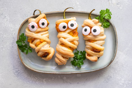 Stuffed peppers look like a mummies for Halloween