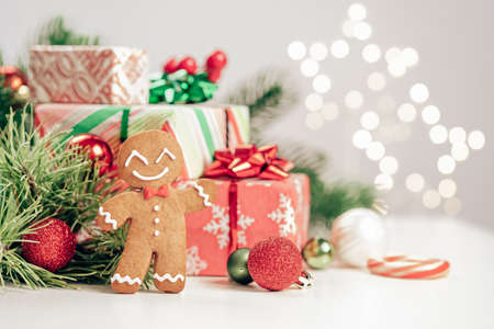 Christmas Decorations with Gingerbread man and Gift Boxの写真素材
