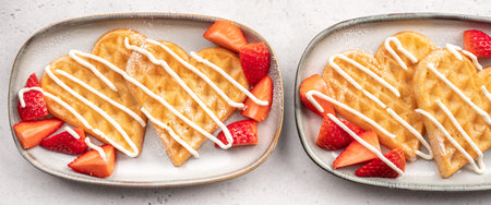 Belgian waffles in shape of heart with strawberriesの写真素材