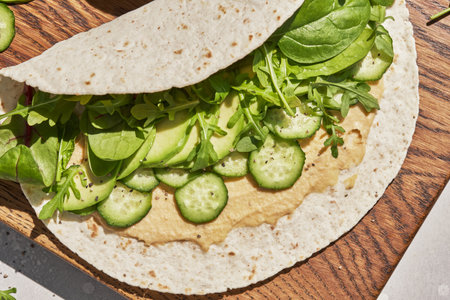 Vegetarian tortilla with hummus and vegetablesの写真素材