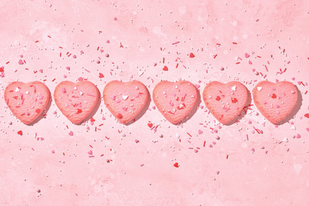 Decorated heart shaped cookies on pink backgroundの写真素材