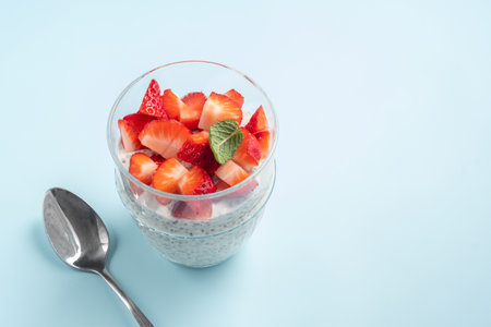 Strawberry and chia seeds pudding in a cup for breakfastの写真素材