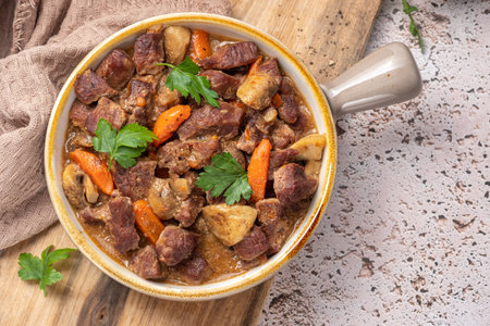 Beef bourguignon stew with vegetables.の写真素材