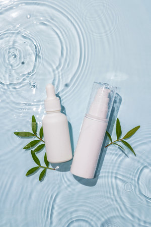 White bottle flacon cosmetics beauty product in water dropの写真素材