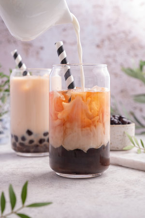Milk bubble tea with tapioca pearls and honeyの写真素材