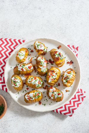 baked potato stuffed with cheese, bacon and sour creamの写真素材