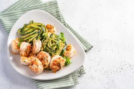 Skinny Shrimp Scampi with Zucchini Noodles. Low carb mealの写真素材
