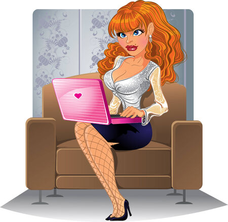 Blond girl with computer on the brown armchairのイラスト素材