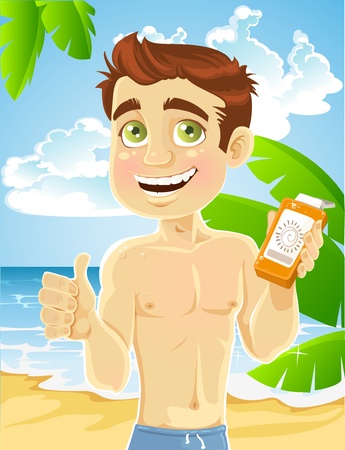 young man on the beach with cream for sunburnのイラスト素材