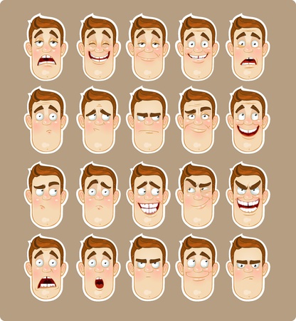 Young man emotions - joy, sadness, hurt, shock, joy, inspiration iconのイラスト素材