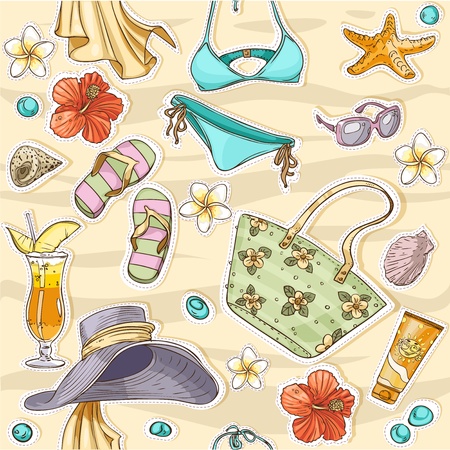 color seamless background on a beach theme - goggles, a swimsuit, clamsのイラスト素材