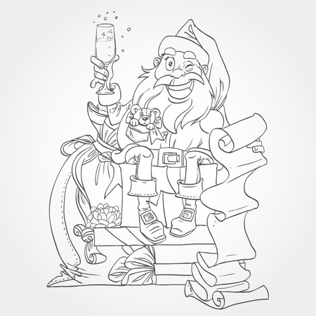 Cute Santa Claus black and white outline for coloringのイラスト素材
