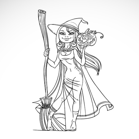 Cute witch with a broom and pumpkin black and white outline for coloringのイラスト素材