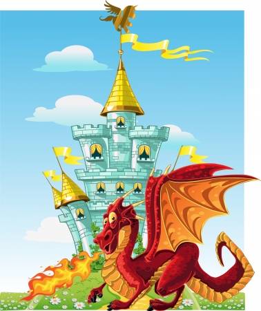 magical fairytale red Dragon near the blue magic castleのイラスト素材