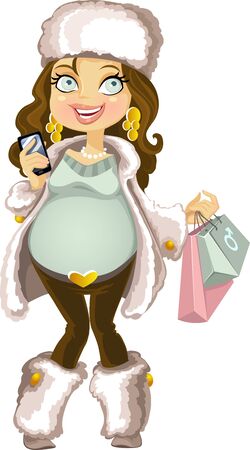pregnant woman in winter wear with phone and shopping bagのイラスト素材
