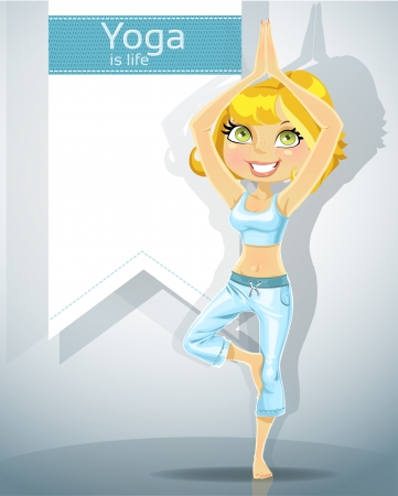 Cute blond girl in a yoga pose Tree pose  Vrikshasana  Bonus - poster for your textのイラスト素材