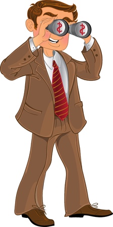 businessman in brown suit with binoculars look on moneyのイラスト素材