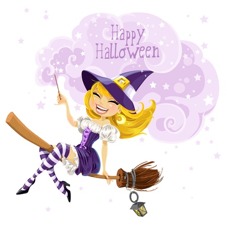 Cute witch flying on a broom and conjures wish Happy Halloweenのイラスト素材