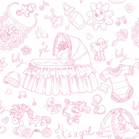 Seamless background is a girl with toys, clothing and accessories doodleのイラスト素材