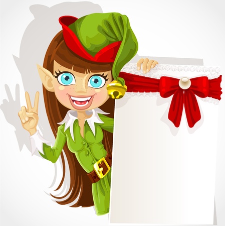 Lovely girl the Christmas elf with a banner for your congratulationのイラスト素材