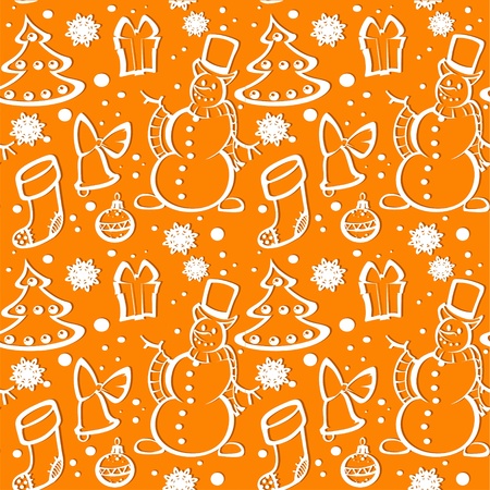 Seamless New Year s ornament from applications a snowman, Christmas tree, gift, snowflakes のイラスト素材