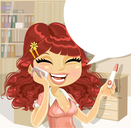 Cutel girl in office says on the phone about a positive pregnancy test resultのイラスト素材