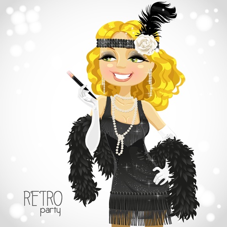 Blond woman with mouthpiece on white Retro party cardのイラスト素材